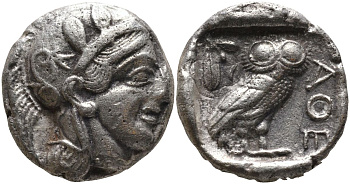 Древняя Греция, Аттика, Афины тетрадрахма 454 - 404 гг. до н.э. голова Афины в шлеме / АФЕ, сова, оливковая ветвь, полумесяц, 16,62 гр Kroll 8 серебро 00-000-00