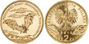 Польша 2 злотых 2010 MW, серия всемирная природа, подковоносная летучая мышь KM 723 нордик UNC 4448-1051