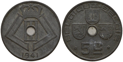 Бельгия 5 сантимов 1941 Belgique - Belgie, Леопольд III (1934-1947), германская оккупация, Вторая мировая война KM 123 цинк 4160-1121