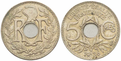 ФРАНЦИЯ 5 САНТИМОВ 1936 ТИП ЛИНДАЙЁ KM 875, LE FRANC 122.19 медно-никель 105-368