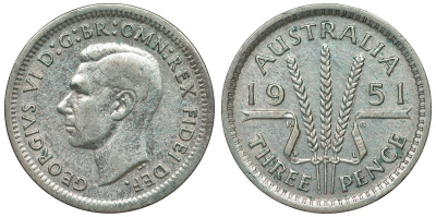 Австралия 3 пенса 1951 m, Георг VI (1937-1952), без букв KM 44 серебро 71-314
