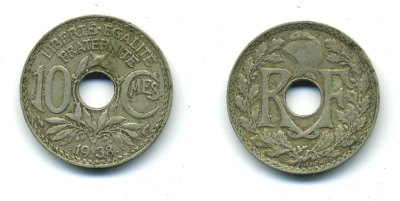 ФРАНЦИЯ 10 САНТИМОВ 1938 ТИП ЛИНДАЙЁ .1938. KM 889.1 никель бронза 84-341
