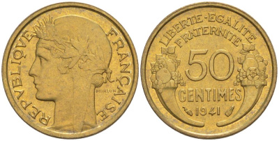 ФРАНЦИЯ 50 САНТИМОВ 1941 ТИП MORLON KM 894.1, LE FRANC 192.18 алюминиевая бронза 44-435