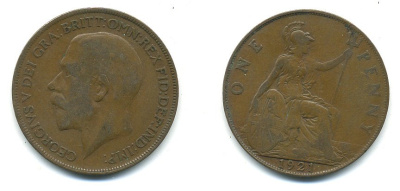 Великобритания 1 пенни 1921 Георг V (1910-1936) КМ 810, Spink 4051 бронза 4110-232