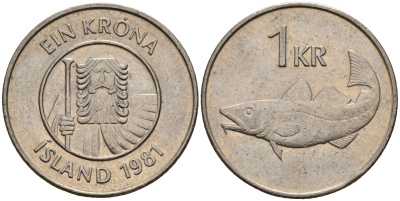 Исландия 1 крона 1981 треска KM 27 медно-никель 4156-332
