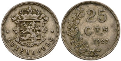 Люксембург 25 сантимов 1927 Шарлотта (1918-1964) KM 37 медно-никель 4122-316