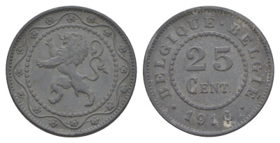 Бельгия 25 сантимов 1916 германская оккупация Первая мировая война, Альберт I (1910-1934) KM 82 цинк 4538-821