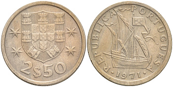 ПОРТУГАЛИЯ 2,5 ЭСКУДО 1971 ПАРУСНИК KM 590 медно-никель 75-1556