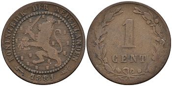 Нидерланды 1 цент 1881 Виллем III (1849-1890) KM 107 медь 4115-221