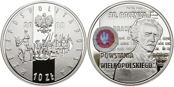 Польша 10 злотых 2008 MW, 90 лет Великопольского восстания, Игнаций Ян Падеревский, цветная эмаль KM 661 серебро PROOF 1085-1-64