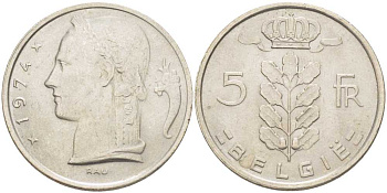 БЕЛЬГИЯ 5 ФРАНКОВ 1974 BELGIE, БОДУЭН I (1951-1993) KM 135.1 медно-никель 202-1221