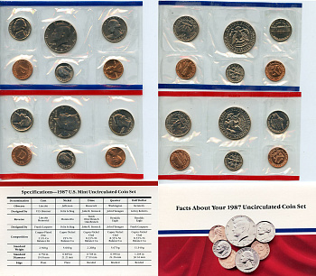 США официальный набор из 10 монет и 2 жетонов 1987 1, 5, 10, 25 и 50 центов, монетные дворы P и D, в оригинальном конверте KM MS 151   UNC  1181-4-02