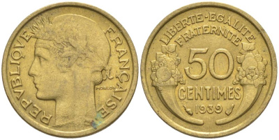 ФРАНЦИЯ 50 САНТИМОВ 1939 ТИП MORLON KM 894.1, LE FRANC 192.15 алюминиевая бронза 44-851
