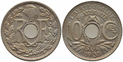 ФРАНЦИЯ 10 САНТИМОВ 1935 ТИП ЛИНДАЙЁ KM 866а, LE FRANC 138.22 медно-никель 108-222