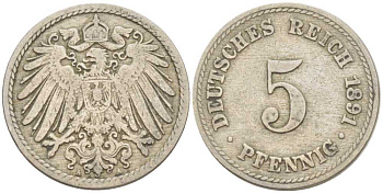 ГЕРМАНИЯ 5 ПФЕННИГОВ 1891 А KM 11, J. 12 медно-никель 206-1166