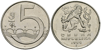 Чехия 5 крон 1994 чешский лев, Карлов мост KM 8 сталь плакированная никелем 4167-951