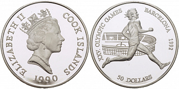 Острова Кука 50 долларов 1990 XXV летние Олимпийские игры 1992 года в Барселоне, бег KM 112 серебро PROOF 1071-10-41