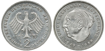 ФРГ 2 МАРКИ 1973 G, ТЕОДОР ХОЙС KM 127, J. 407 медно-никель плакированный никелем плакированный никелем UNC 72-546