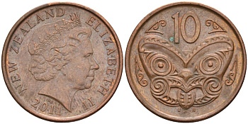 Новая Зеландия 10 центов 2011 маска Маори, Елизавета II (1952-) KM 117а сталь плакированная медью 4114-443