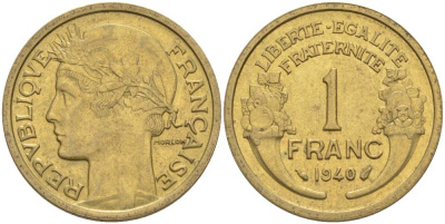 Франция 1 франк 1940 тип Морлон KM 885, LE FRANC 219.11 алюминиевая бронза 3853-222