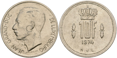 Люксембург 10 франков 1974 Великий герцог Жан (1964-2000) KM 57 никель 4120-1143