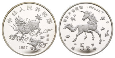 Китай 5 юаней 1997 Единорог KM 1030 серебро PROOF 11-148-34