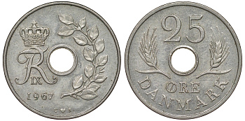 ДАНИЯ 25 ЭРЕ 1967 С; S, ФРЕДЕРИК IX (1947-1972) KM 855.1 медно-никель 62-535