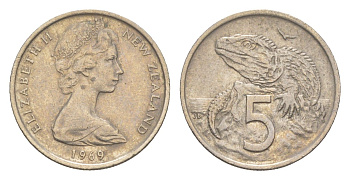 Новая Зеландия 5 центов 1969 Елизавета II (1952-2022), ящерица гаттерия KM 34 медно-никель 4651-164