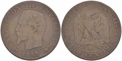 Франция 5 сантимов 1855 BB, Наполеон III (1852-1870) KM 777.3, LE FRANC 116.21 бронза 108-334