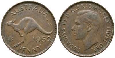 Австралия 1 пенни 1952 m, Георг VI (1937-1952), кенгуру KM 43 бронза 84-1124