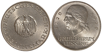 Германия 3 марки 1929 A, 200 лет со дня рождения Лессинга J. 335, KM 60 серебро UNC 413-3715