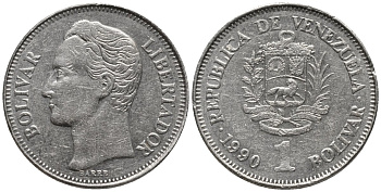 Венесуэла 1 боливар 1990 Симон Боливар KM 52a никелированная сталь 4577-1226