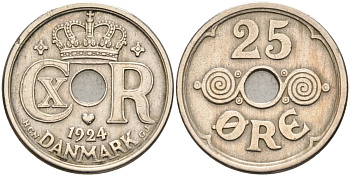 Дания 25 эре 1924 NCN; GJ Кристиан X (1912-1947) KM 823.1 медно-никель 4591-951