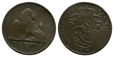 Бельгия 2 сантима 1873 Des Belges, Леопольд II (1865-1909) KM 35.1 медь 261-1046