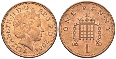 Великобритания 1 пенни 2004 Елизавета II (1952-2022) KM 986, Spink 4710 (B5) сталь плакированная медью 4609-613