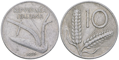 Италия 10 лир 1955 R, колосья, плуг KM 93 алюминий 212-423