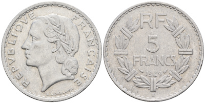 Франция 5 франков 1949 В, тип Лаврийе KM 888b.2, Le Franc 339.19 алюминий 221-434