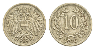 Австрия 10 геллеров 1916 Франц Иосиф I (1848-1916) KM 2825 медь цинк никель 4639-1046