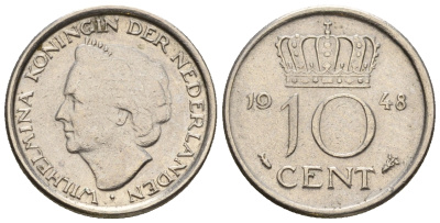 Нидерланды 10 центов 1948 Вильгельмина (1895-1948) KM 177 никель 220-536