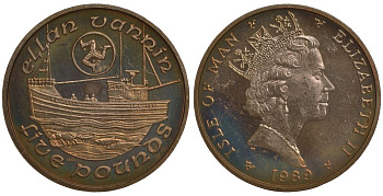 ОСТРОВ МЭН 5 ФУНТОВ 1989 АА, РЫБАЦКАЯ ЛОДКА, РЫБЫ, РАК KM 215 вирениум UNC 1078-5-32