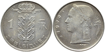 БЕЛЬГИЯ 1 ФРАНК 1970 BELGIQUE KM 142.1 медно-никель 4385-557