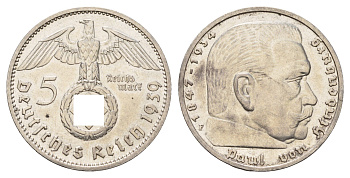 Германия 5 рейхсмарок 1939 F, Пауль фон Гинденбург (1847-1934) KM 94, J. 367 серебро 1517-443