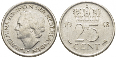 НИДЕРЛАНДЫ 25 ЦЕНТОВ 1948 ВИЛЬГЕЛЬМИНА KM 178 никель 112-269