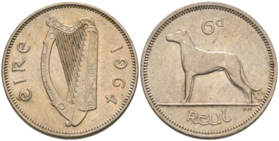 Ирландия 6 пенсов 1964 мрландский волкодав, собака KM 13а медно-никель 92-124