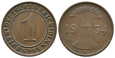 ГЕРМАНИЯ 1 РЕЙХСПФЕННИГ 1934 A KM 37, J. 313 бронза 4380-1247