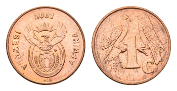 ЮАР 1 цент 2001 герб, капские воробьи KM 221 сталь плакированная медью UNC 4694-154