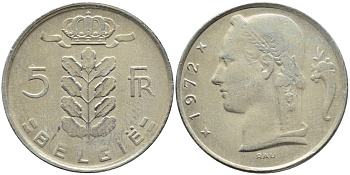 Бельгия 5 франков 1972 Belgie, Бодуэн I (1951-1993) KM 135.1 медно-никель 4606-1143
