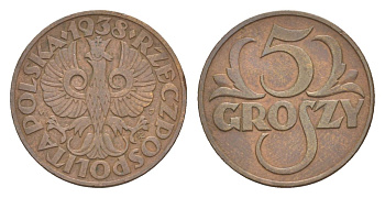 Польша 5 грошей 1938 Y 10a бронза 4625-247