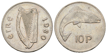 Ирландия 10 пенсов 1980 лосось KM 23 медно-никель 4526-212