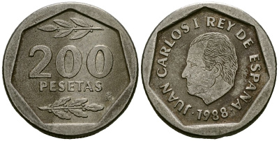 Испания 200 песет 1988 KM 829 медно-никель 4138-1113